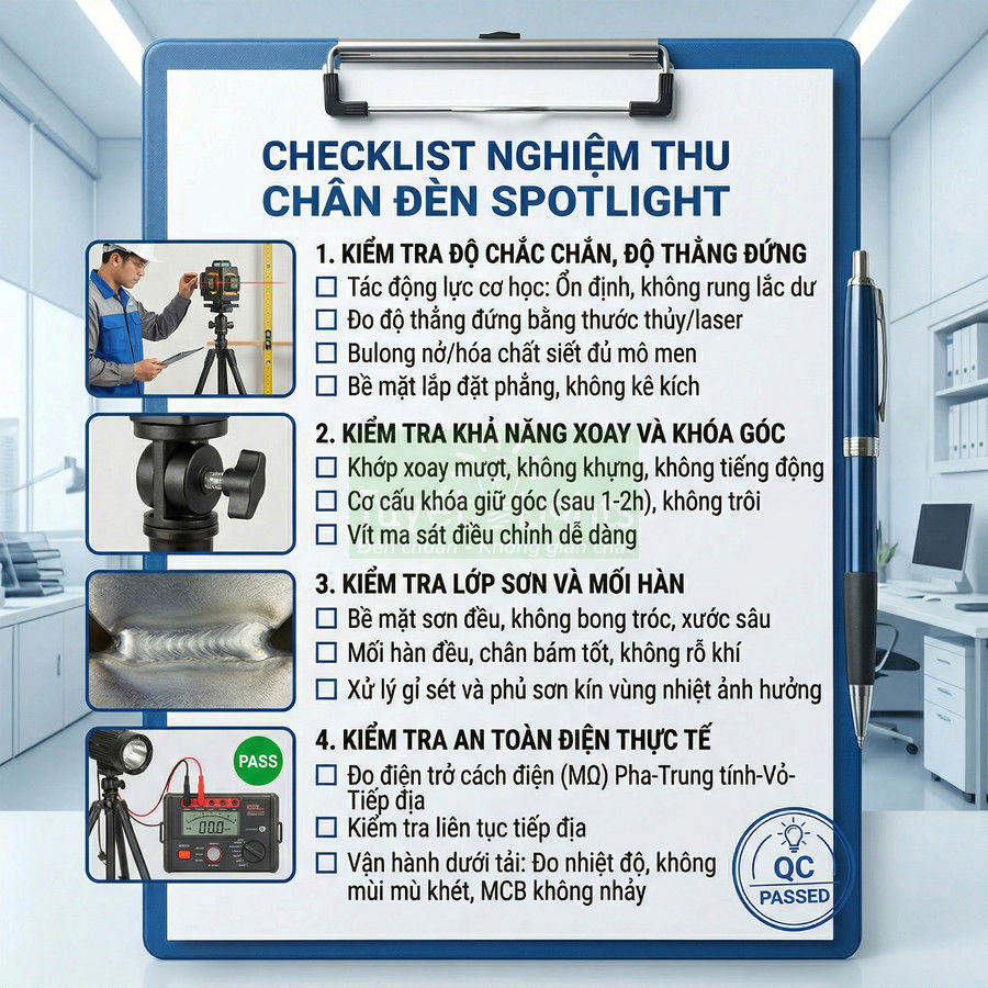 Checklist nghiệm thu chân đèn spotlight với các bước kiểm tra độ chắc chắn, khớp xoay, mối hàn và an toàn điện
