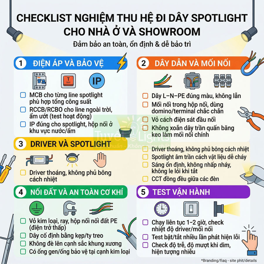 Checklist nghiệm thu hệ đi dây đèn spotlight cho nhà ở và showroom với các bước kiểm tra an toàn