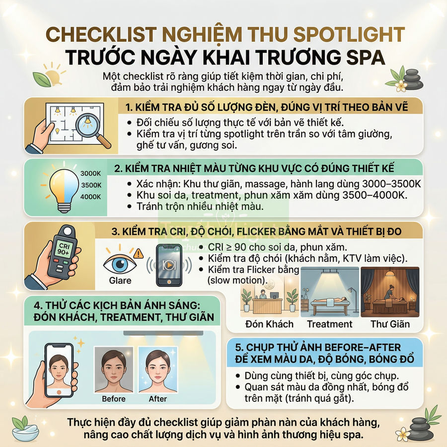 Checklist kiểm tra đèn spotlight trước ngày khai trương spa với hướng dẫn về số lượng, nhiệt màu và kịch bản ánh sáng