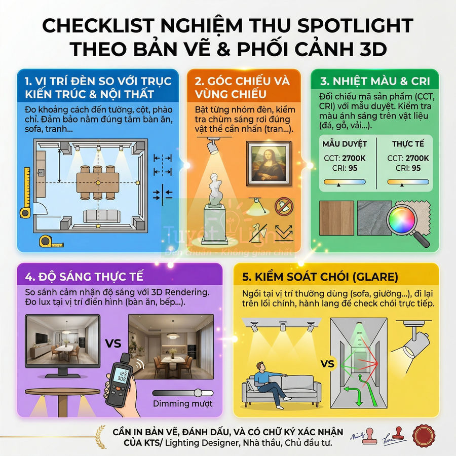 Checklist nghiệm thu đèn spotlight theo bản vẽ và phối cảnh 3D với hướng dẫn vị trí, góc chiếu, nhiệt màu, độ sáng, chống chói