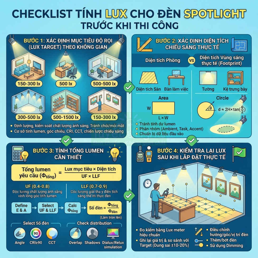 Checklist tính lux cho đèn spotlight trước thi công với các bước xác định lux, diện tích, lumen và kiểm tra chiếu sáng