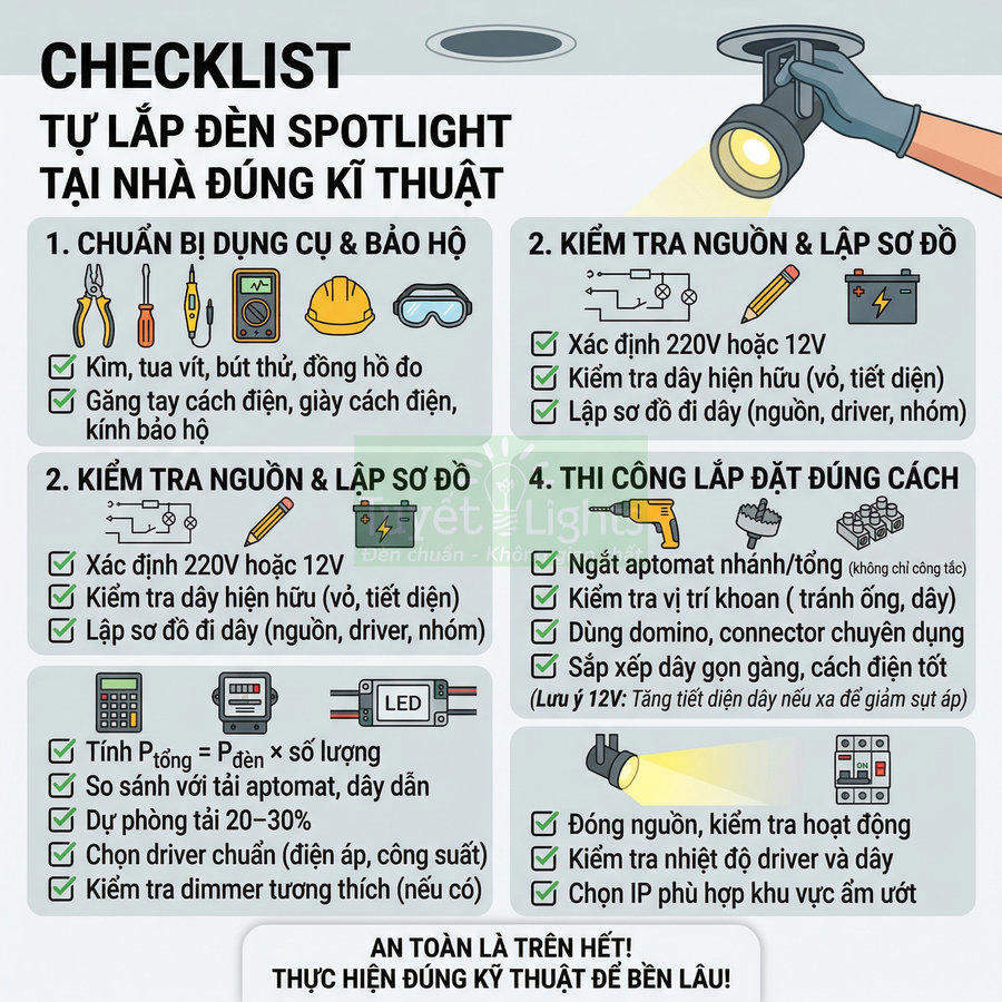 Checklist hướng dẫn tự lắp đặt đèn spotlight âm trần tại nhà với các bước chuẩn bị dụng cụ và thi công an toàn