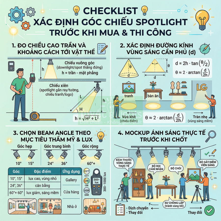 Checklist hướng dẫn xác định góc chiếu đèn spotlight trước khi mua và thi công chiếu sáng nội thất