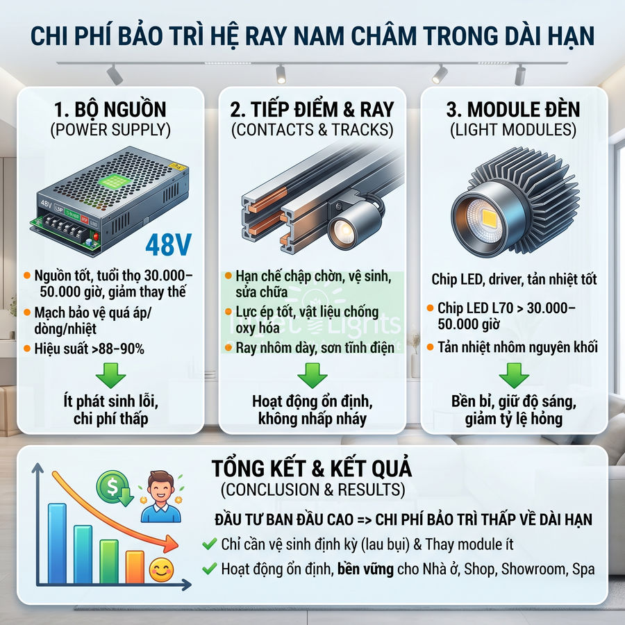 Infographic chi phí bảo trì hệ ray nam châm với bộ nguồn 48V, tiếp điểm ray và module đèn LED