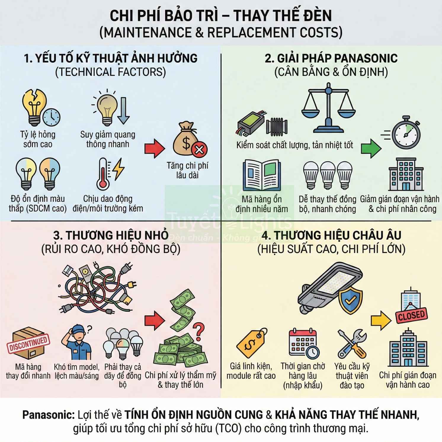 Infographic so sánh chi phí bảo trì thay thế đèn, giải pháp chiếu sáng Panasonic ổn định và tiết kiệm chi phí
