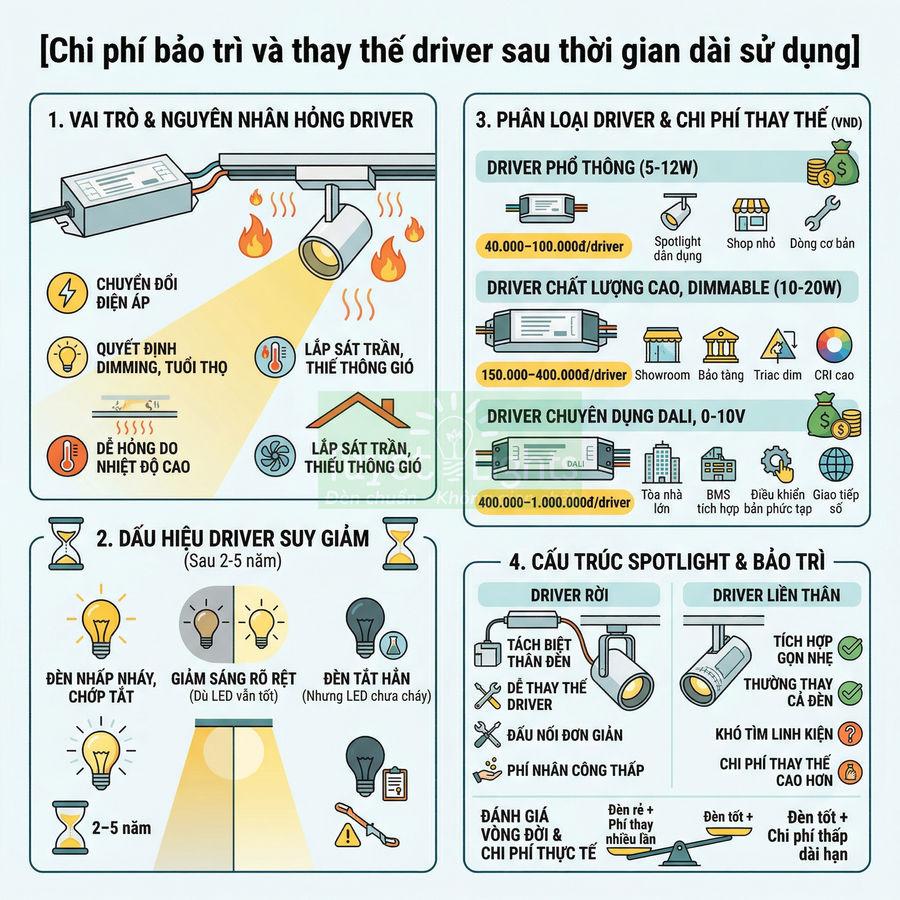 Infographic chi phí bảo trì và thay thế driver đèn LED spotlight, phân loại driver và dấu hiệu hỏng driver