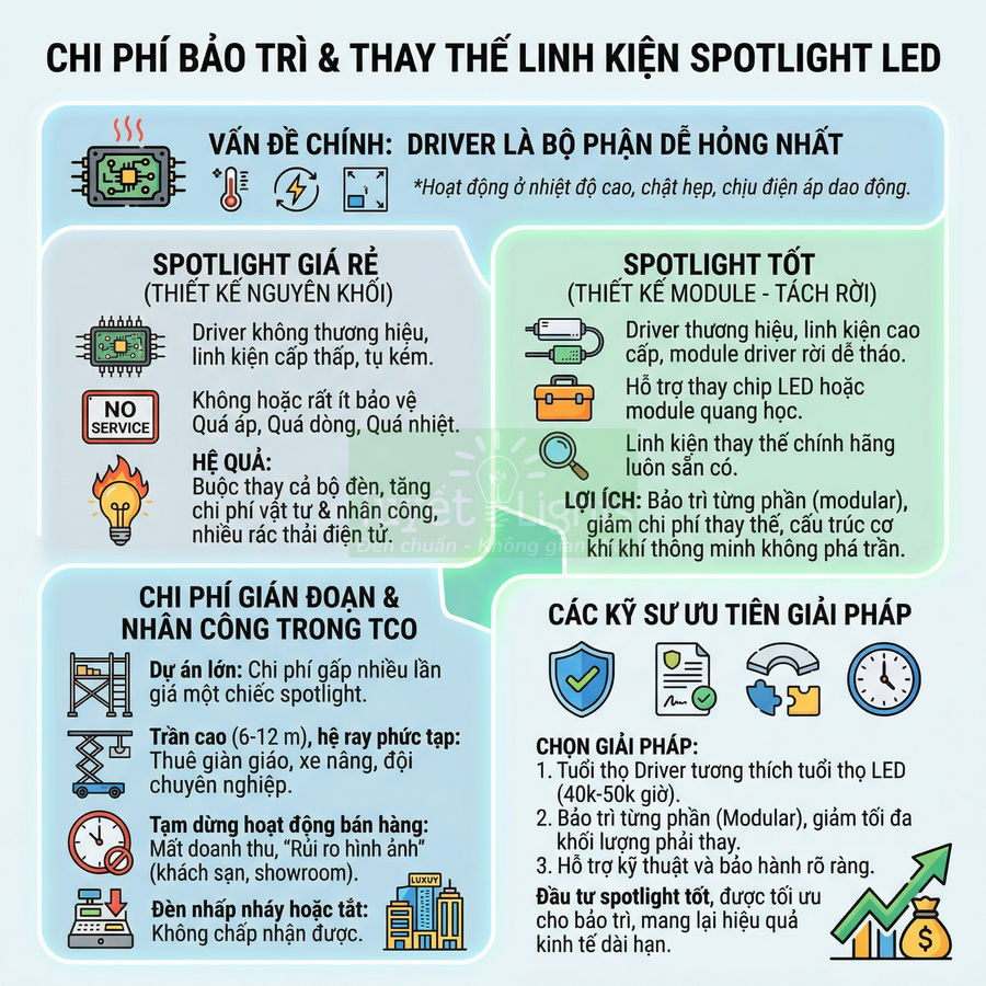 Infographic chi phí bảo trì và thay thế linh kiện spotlight LED, so sánh spotlight giá rẻ và spotlight tốt