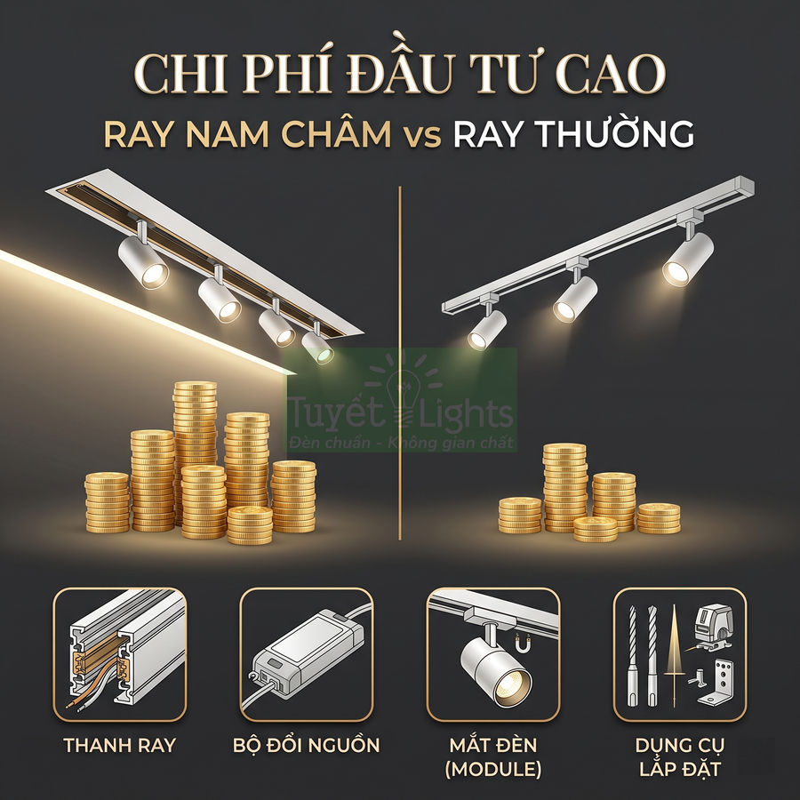 So sánh chi phí đầu tư đèn ray nam châm và đèn ray thường Tuyết Lights với các linh kiện kèm theo
