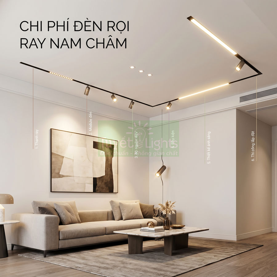 Đèn rọi ray nam châm chiếu sáng phòng khách hiện đại với sofa và bàn trà gỗ