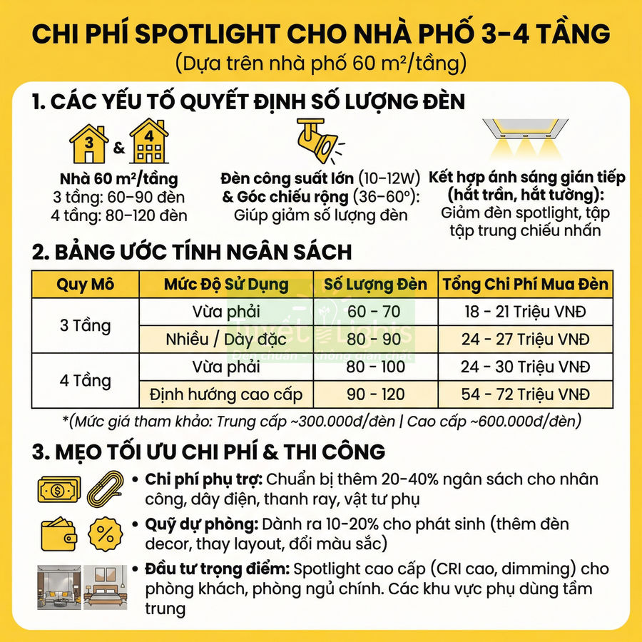 Bảng chi phí và số lượng đèn spotlight cho nhà phố 3 đến 4 tầng diện tích 60m2 mỗi tầng