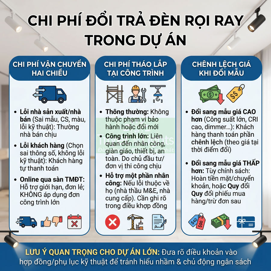 Infographic chi phí đổi trả đèn rọi ray trong dự án với các mục vận chuyển, tháo lắp và chênh lệch giá