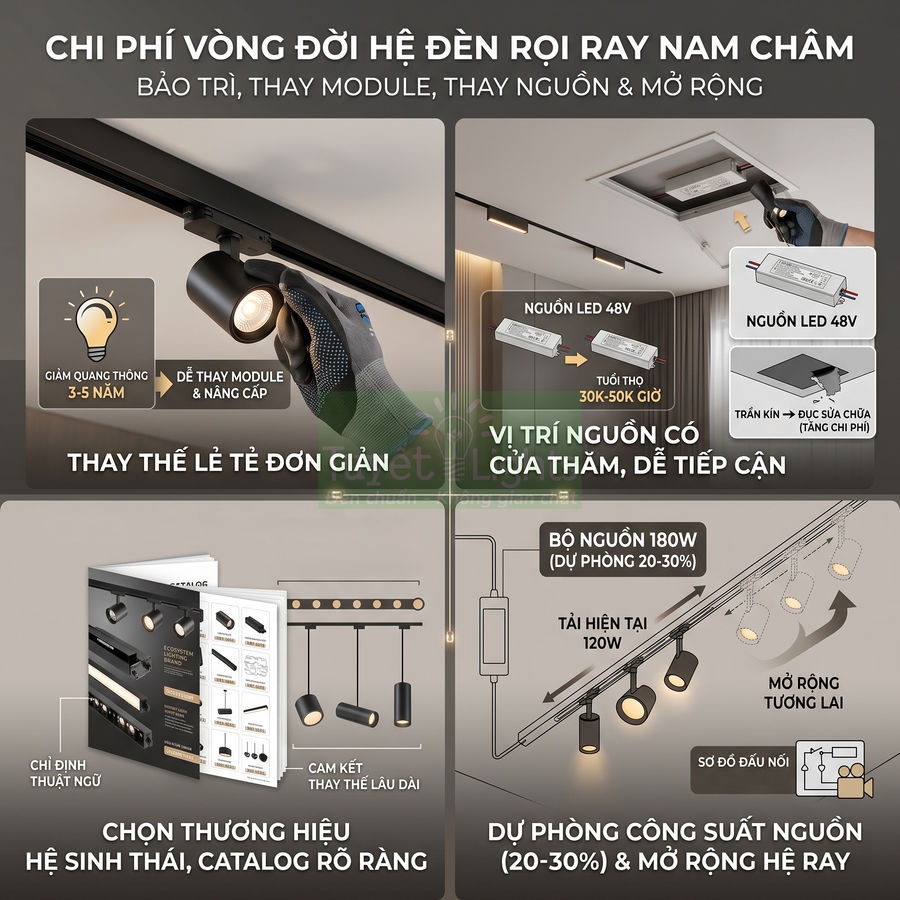 Hệ đèn rọi ray nam châm LED với module thay thế đơn giản, nguồn 48V âm trần và catalog hướng dẫn lắp đặt