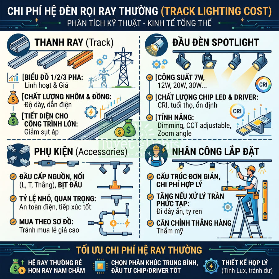 Infographic chi phí hệ đèn rọi ray thường với thanh ray, đầu đèn spotlight, phụ kiện và nhân công lắp đặt