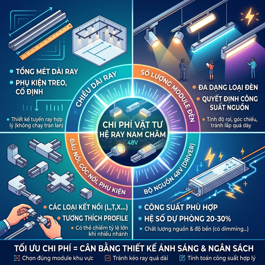Infographic chi phí vật tư hệ ray nam châm 48V cho đèn chiếu sáng, gồm ray, module đèn, đầu nối và bộ nguồn