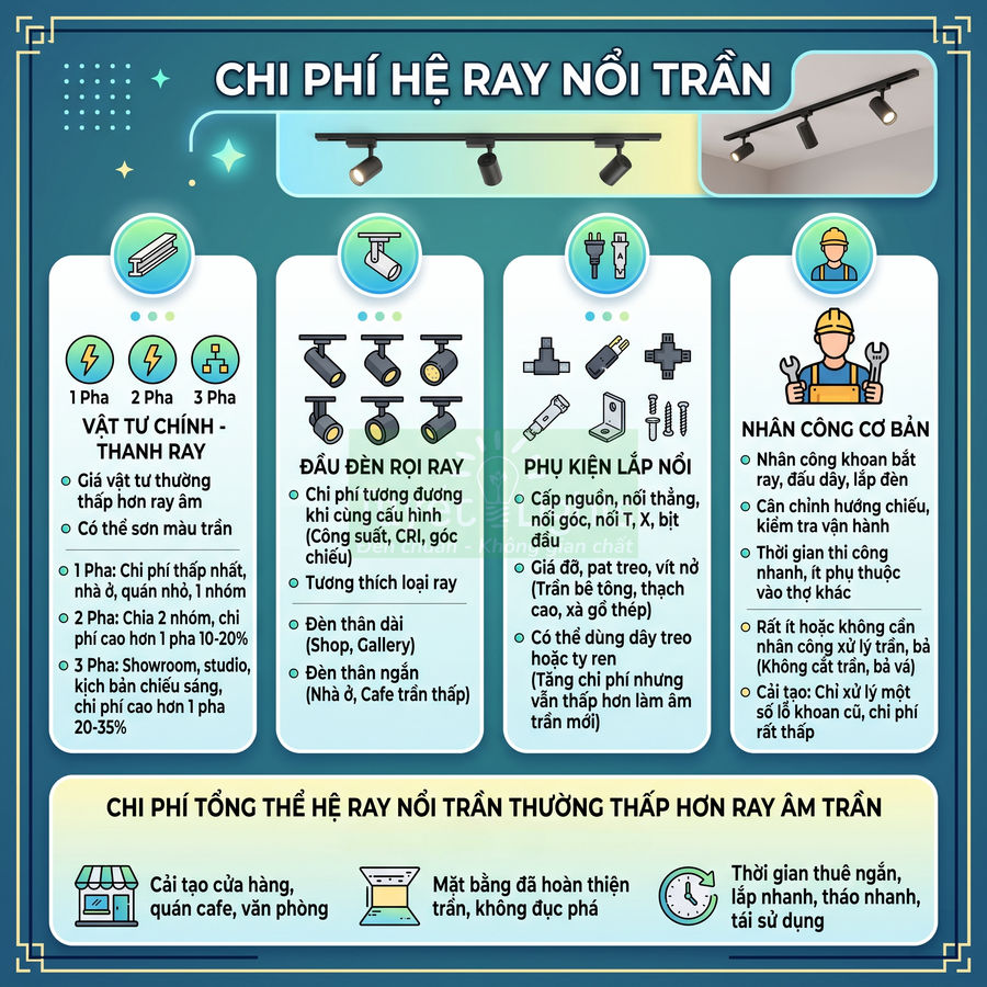 Infographic chi phí hệ ray nổi trần cho đèn rọi ray, vật tư thanh ray, phụ kiện lắp đặt và nhân công thi công