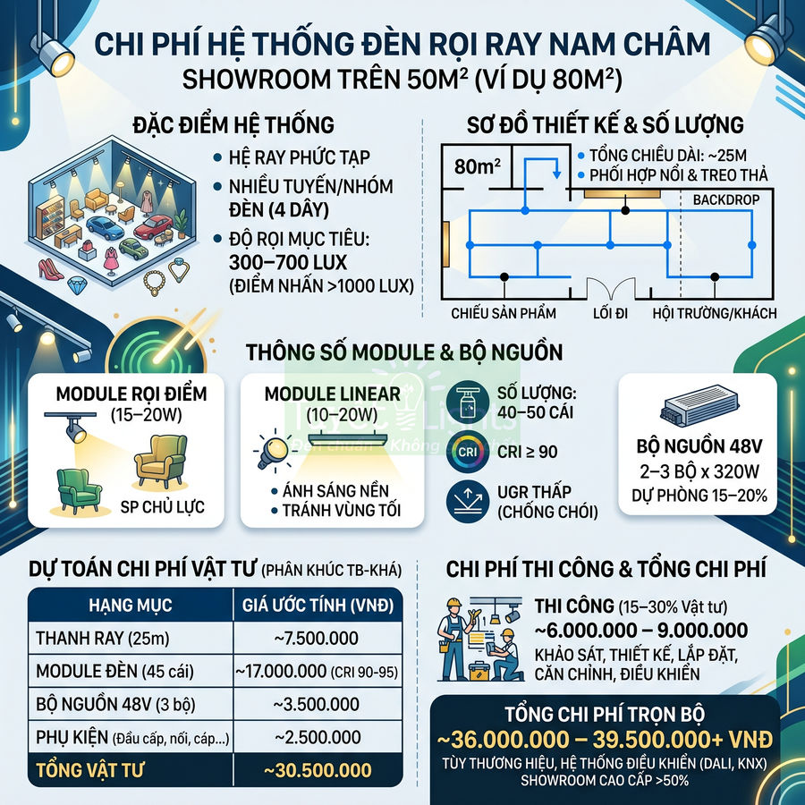 Infographic chi phí lắp đặt hệ thống đèn rọi ray nam châm cho showroom 80m2 với module rọi điểm và linear