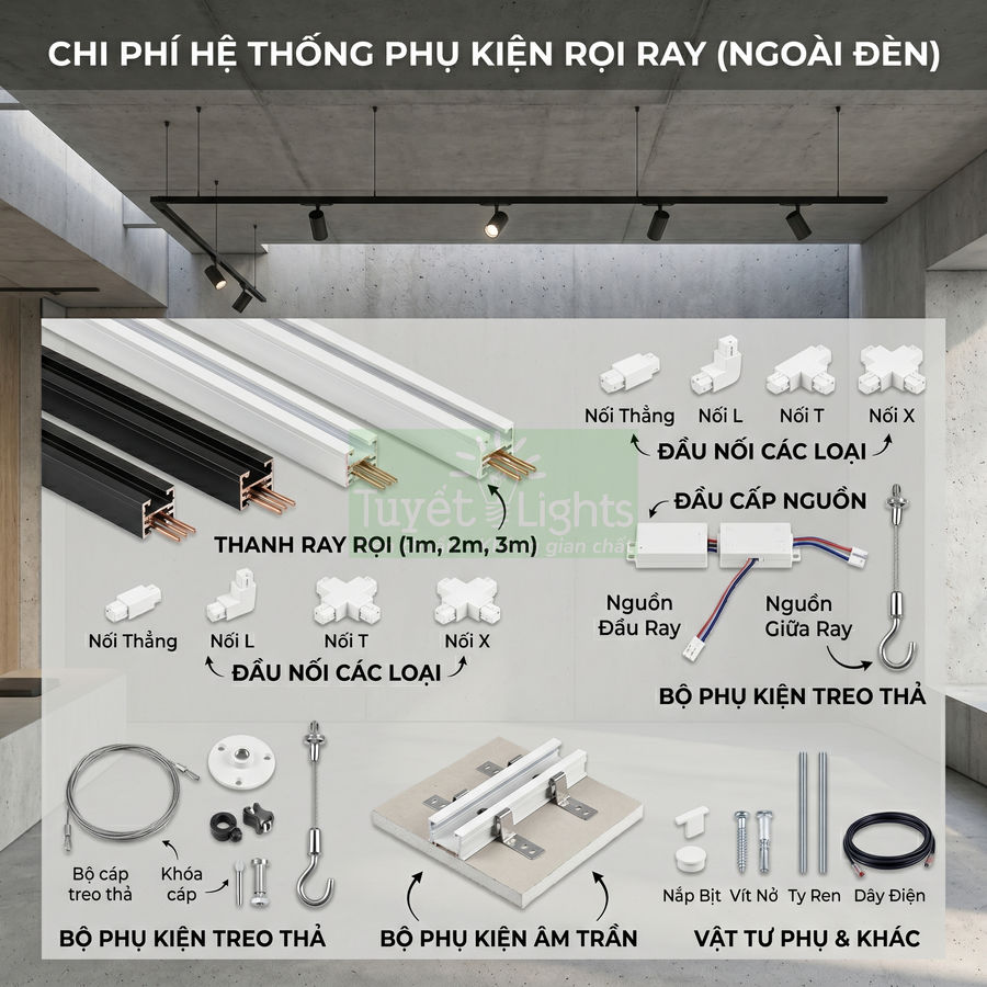 Bộ phụ kiện rọi ray đèn trần Tuyết Lights gồm thanh ray, đầu nối, nguồn, bộ treo thả và phụ kiện âm trần