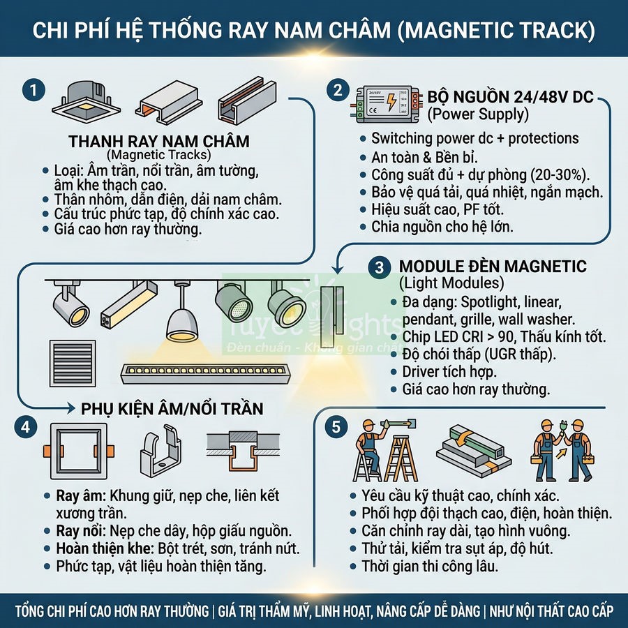 Infographic chi phí hệ thống ray nam châm magnetic track gồm thanh ray, bộ nguồn, module đèn và phụ kiện lắp trần