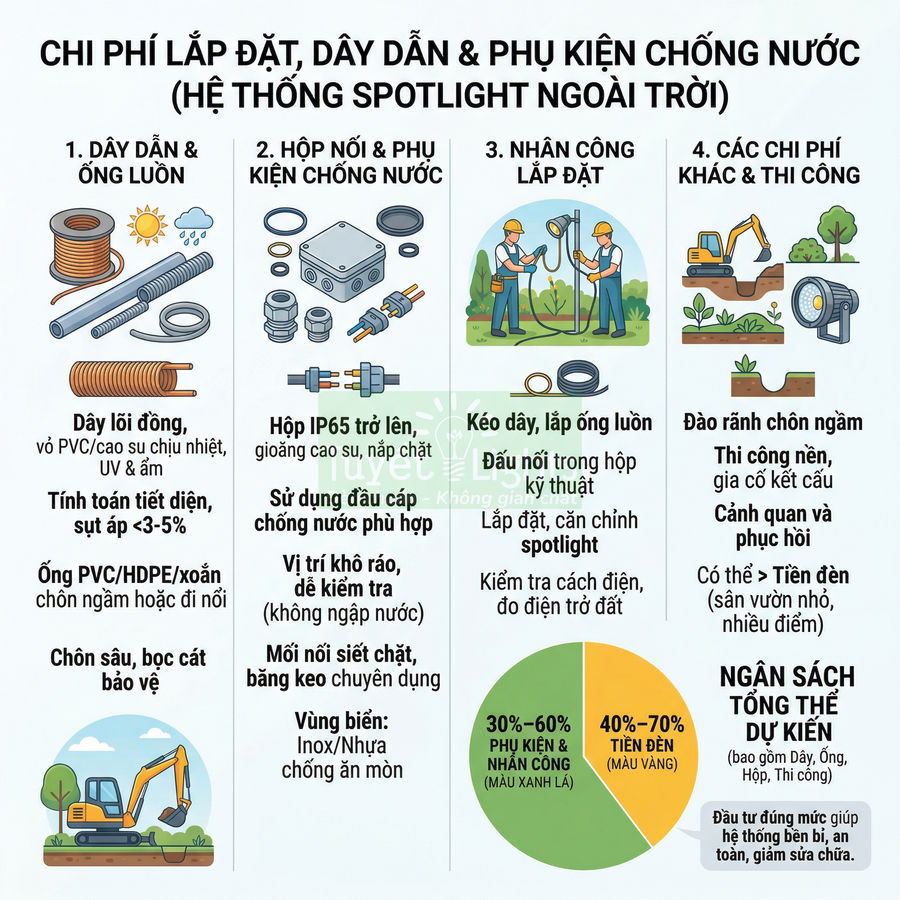 Infographic chi phí lắp đặt dây dẫn, ống luồn và phụ kiện chống nước cho hệ thống đèn spotlight ngoài trời