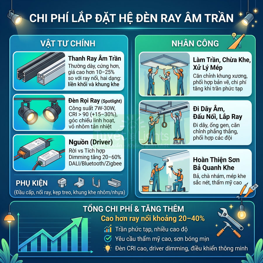 Infographic chi phí lắp đặt hệ đèn ray âm trần với vật tư chính, nhân công và các hạng mục hoàn thiện