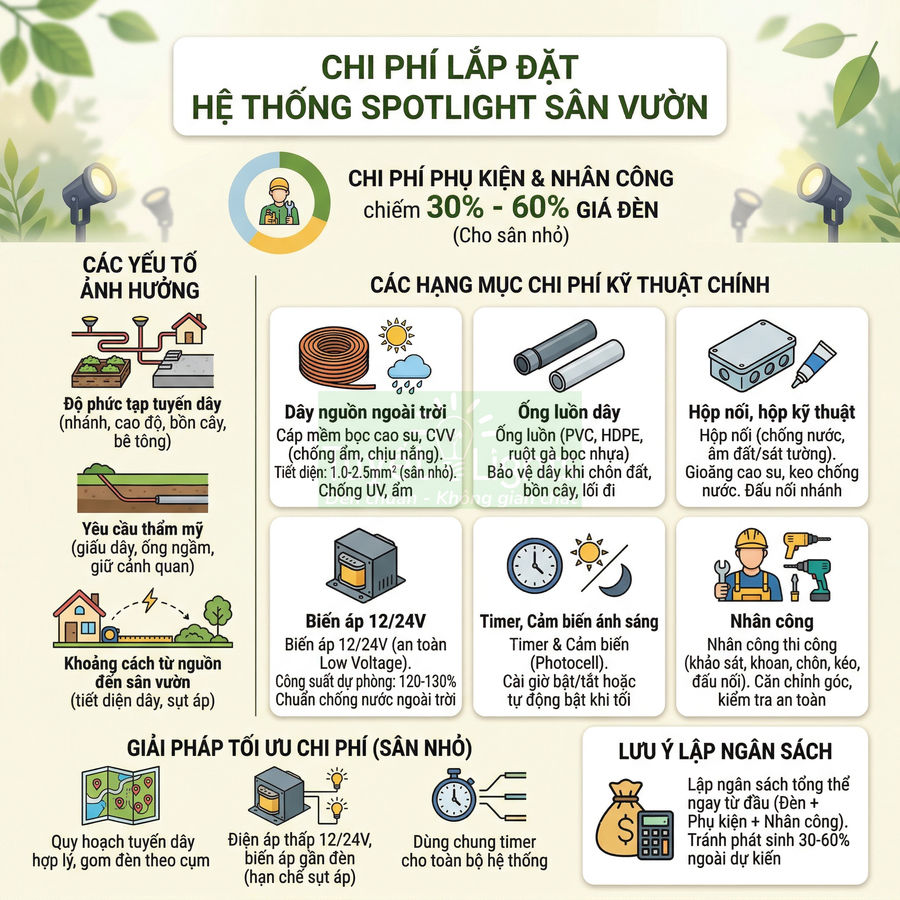 Infographic chi phí lắp đặt hệ thống đèn spotlight sân vườn và các hạng mục kỹ thuật chính