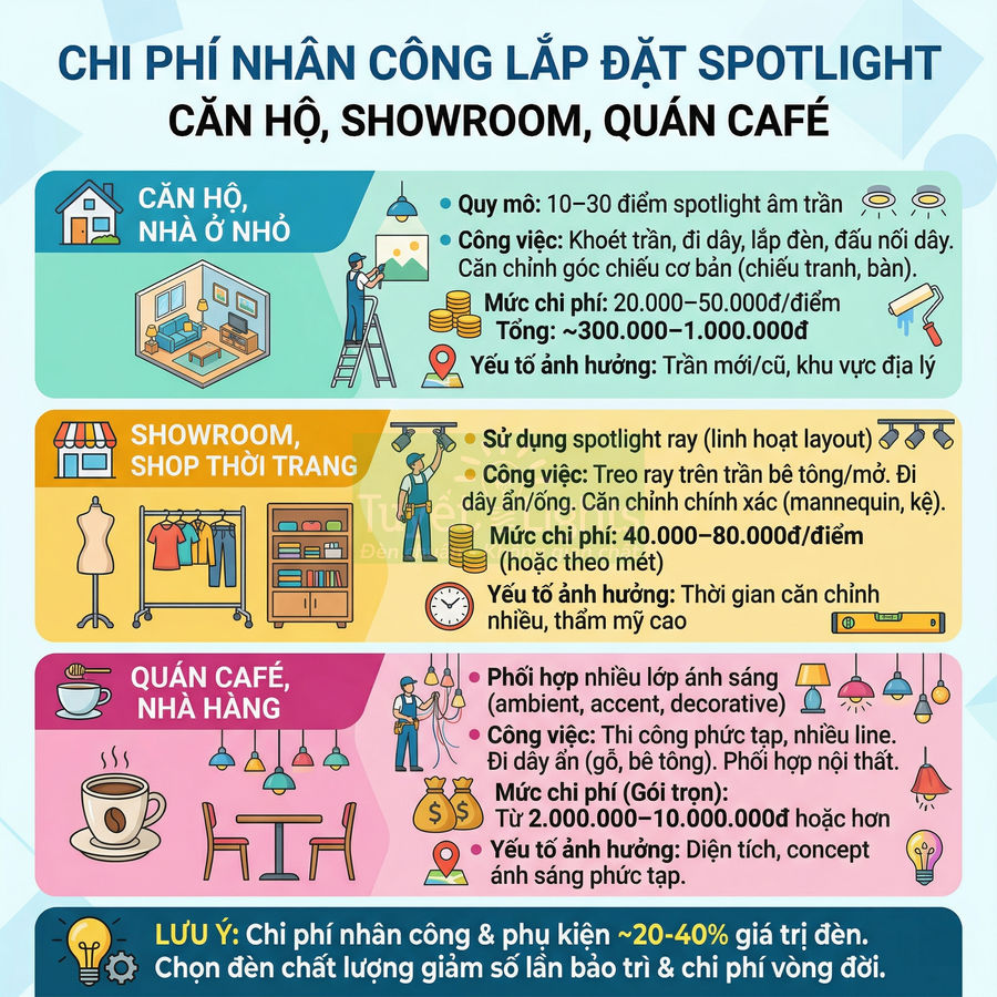 Infographic chi phí nhân công lắp đặt đèn spotlight cho căn hộ showroom quán cafe và nhà hàng
