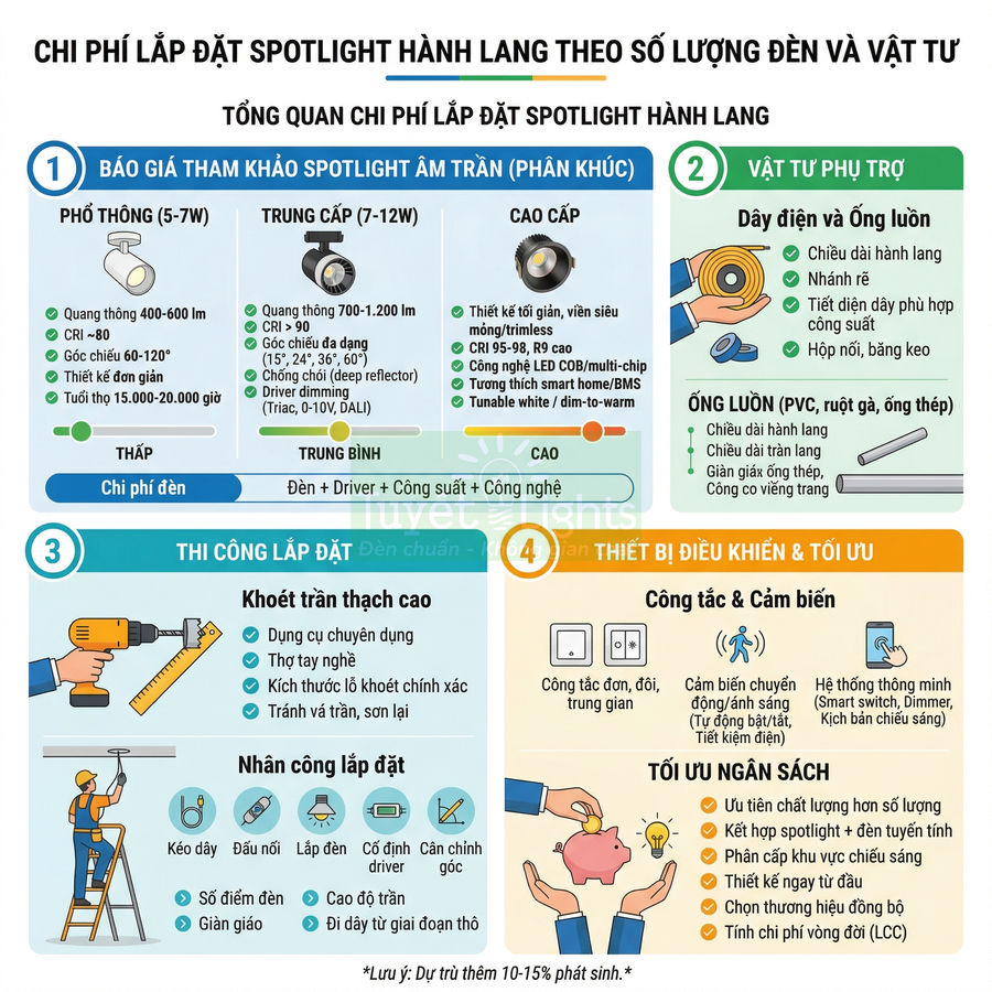 Chi phí lắp đặt đèn spotlight hành lang theo số lượng đèn, vật tư và các bước thi công chi tiết