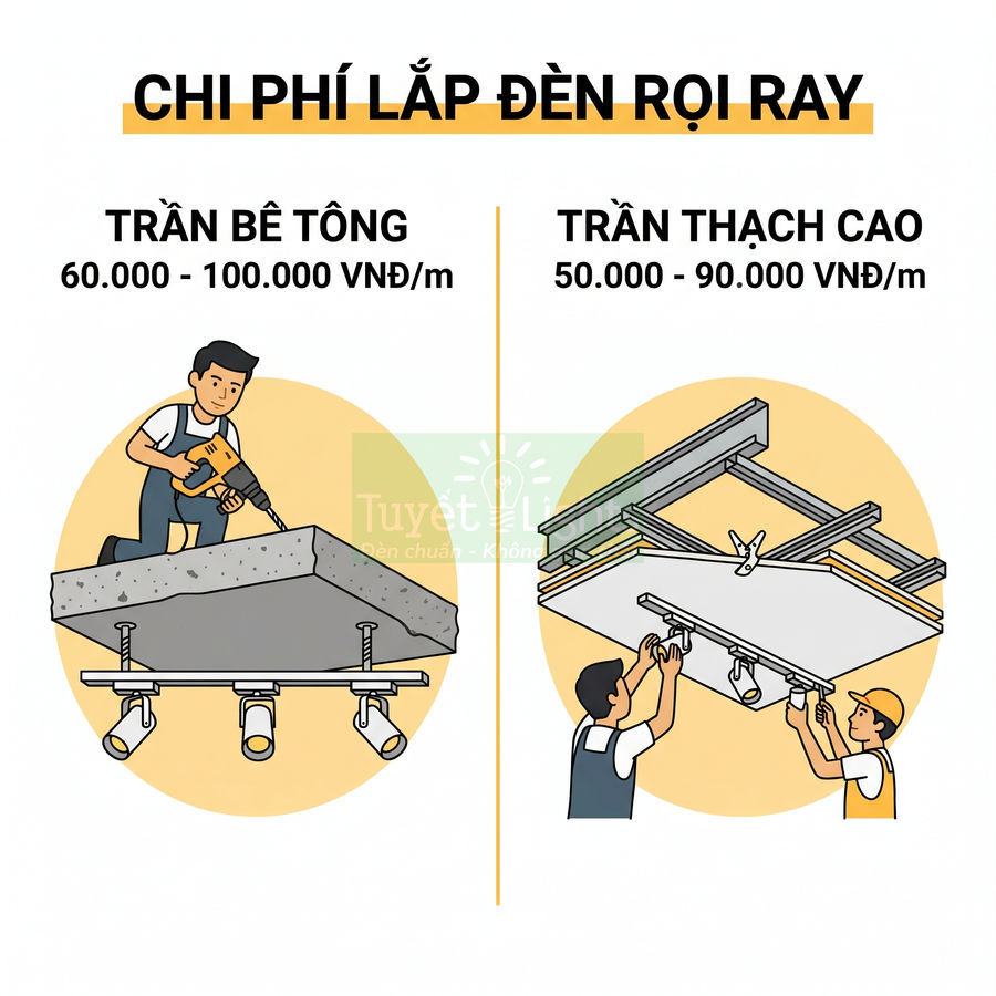 Chi phí lắp đèn rọi ray cho trần bê tông và trần thạch cao kèm hình minh họa thi công