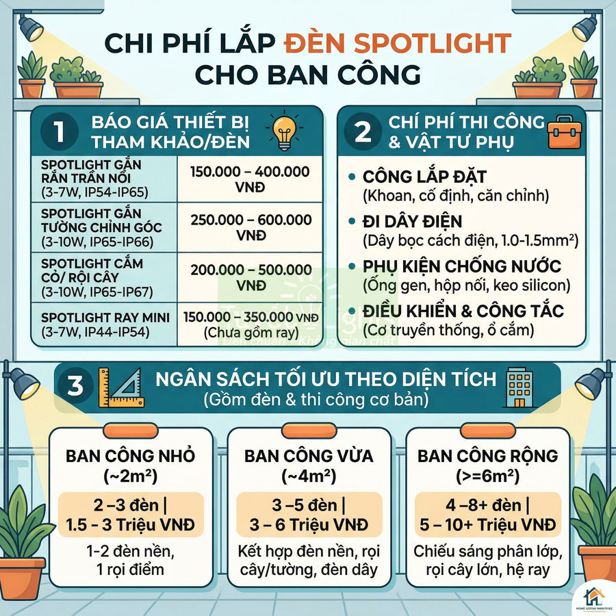 Bảng chi phí lắp đặt đèn spotlight cho ban công với các loại đèn, vật tư và ngân sách theo diện tích ban công
