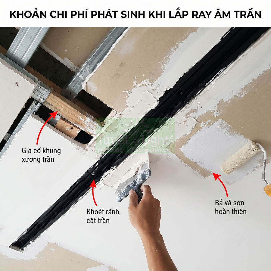 Thi công lắp đặt ray âm trần, khoét rãnh và trét bả, sơn hoàn thiện trần thạch cao