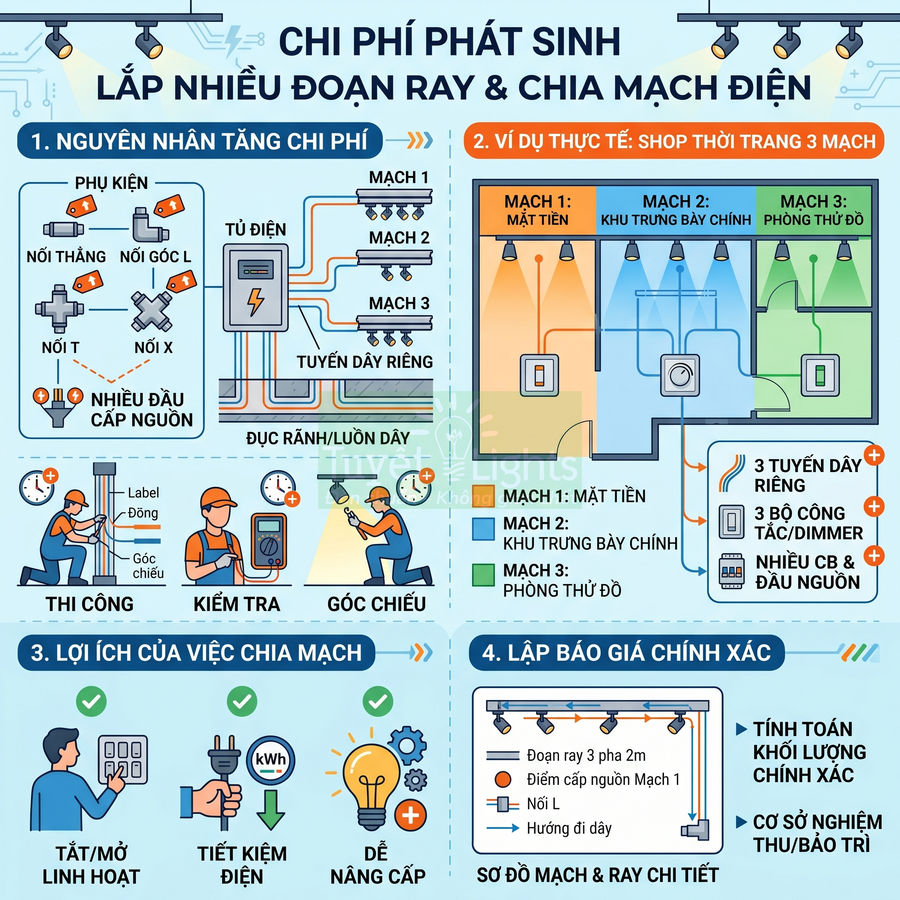 Infographic hướng dẫn lắp đặt ray đèn chiếu sáng và chia mạch điện cho shop thời trang