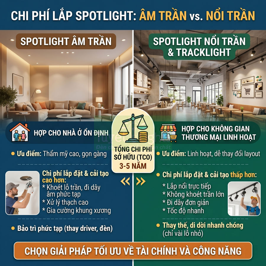 So sánh chi phí lắp đèn spotlight âm trần và spotlight nổi trần tracklight cho nhà ở và không gian thương mại