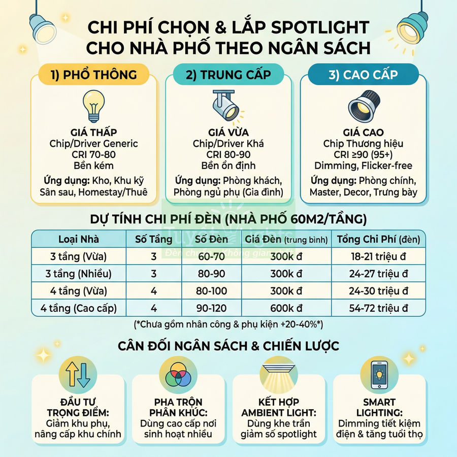 Bảng chi phí lắp đèn spotlight nhà phố theo ngân sách với ba gói phổ thông trung cấp cao cấp