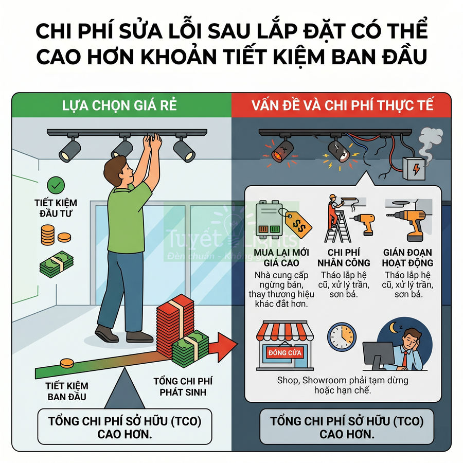 Infographic so sánh lựa chọn đèn rọi ray giá rẻ với chi phí phát sinh và tổng chi phí sở hữu cao hơn