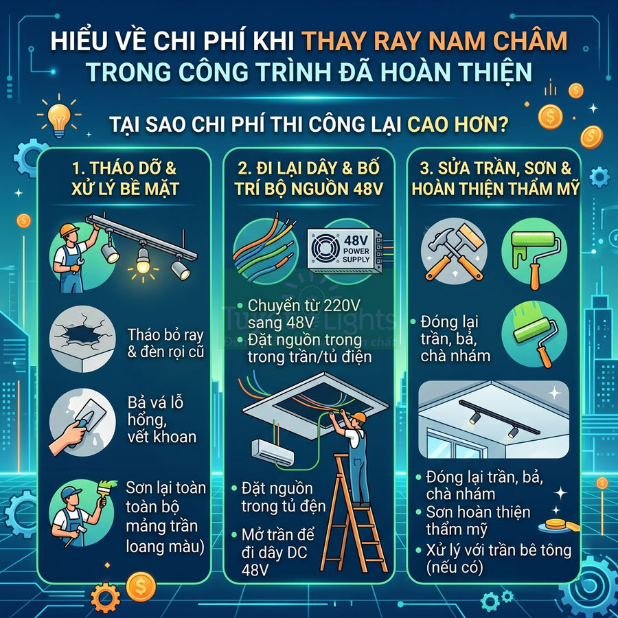 Infographic quy trình thay ray đèn nam châm trong công trình hoàn thiện và các bước thi công, xử lý trần tường
