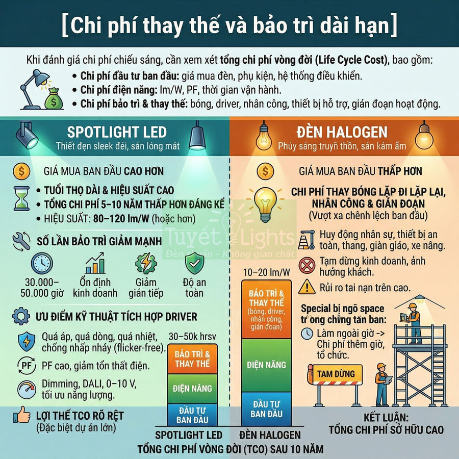 Infographic so sánh chi phí thay thế và bảo trì dài hạn đèn spotlight LED và đèn halogen