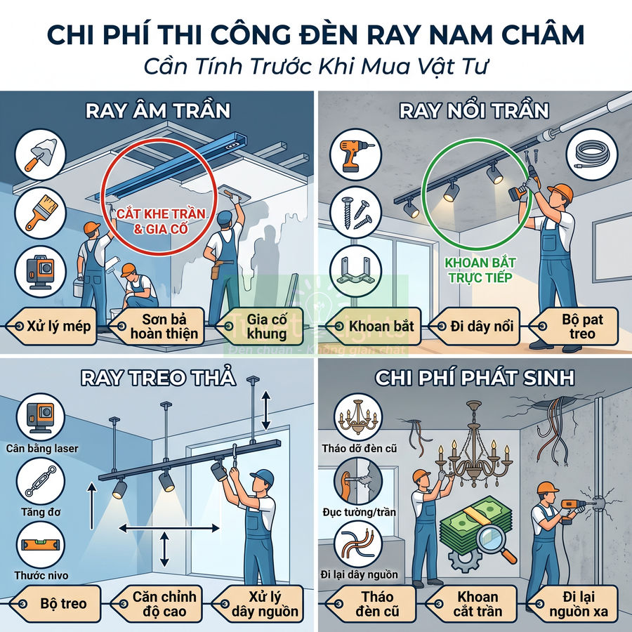 Hướng dẫn chi phí thi công lắp đặt đèn ray nam châm âm trần, nổi trần, treo thả và các hạng mục phát sinh