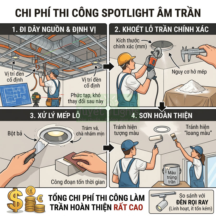 Quy trình thi công lắp đặt đèn spotlight âm trần và sơn hoàn thiện trần nhà