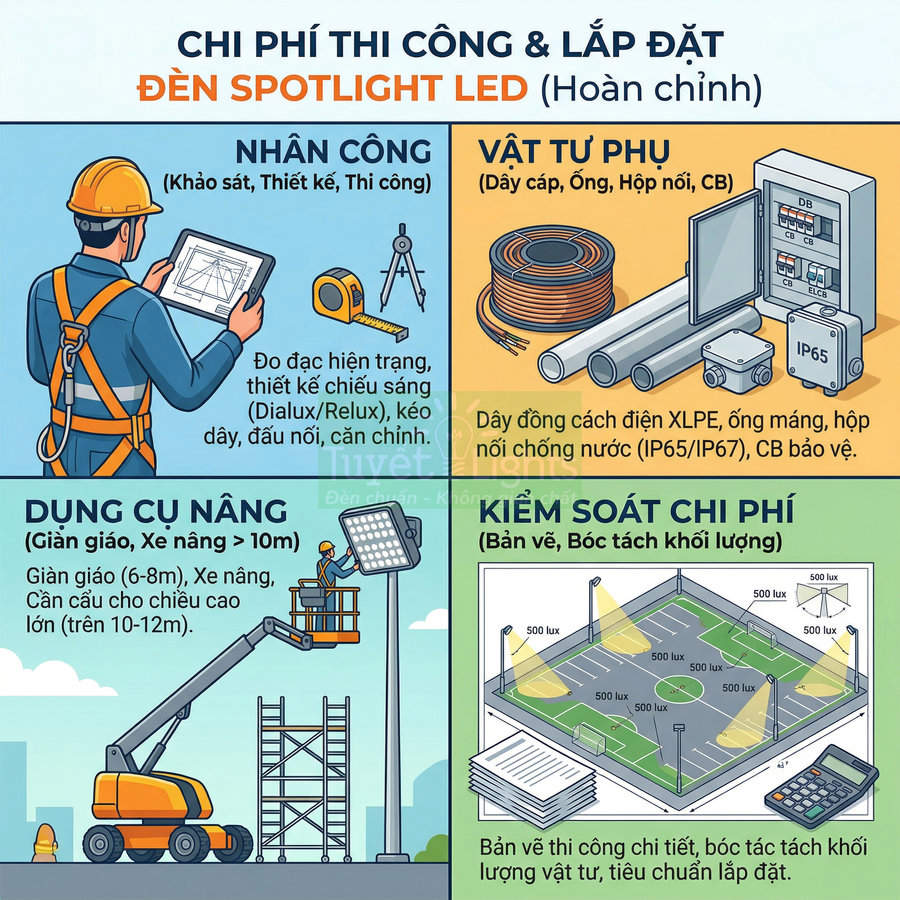 Infographic chi phí thi công lắp đặt đèn spotlight LED với nhân công, vật tư phụ, dụng cụ nâng và kiểm soát chi phí