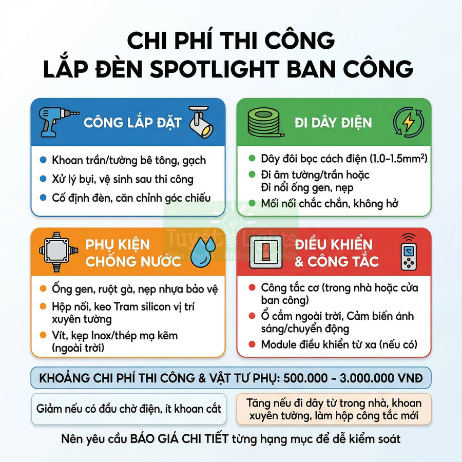 Infographic chi phí thi công lắp đèn spotlight ban công với các hạng mục vật tư và nhân công chi tiết