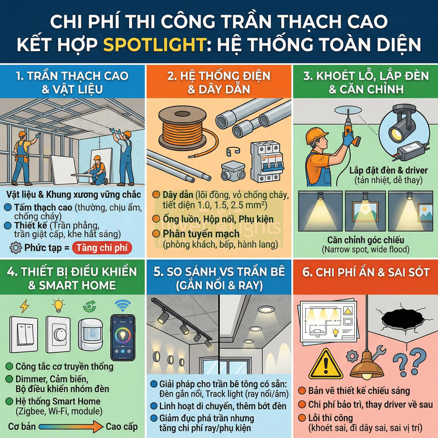 Infographic chi phí thi công trần thạch cao kết hợp đèn spotlight và hệ thống điện, thiết bị điều khiển smart home