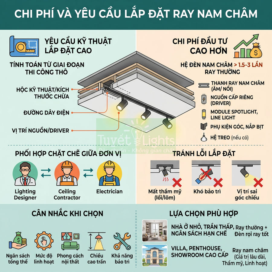 Infographic hướng dẫn chi phí và yêu cầu lắp đặt hệ đèn ray nam châm âm trần của Tuyết Lights