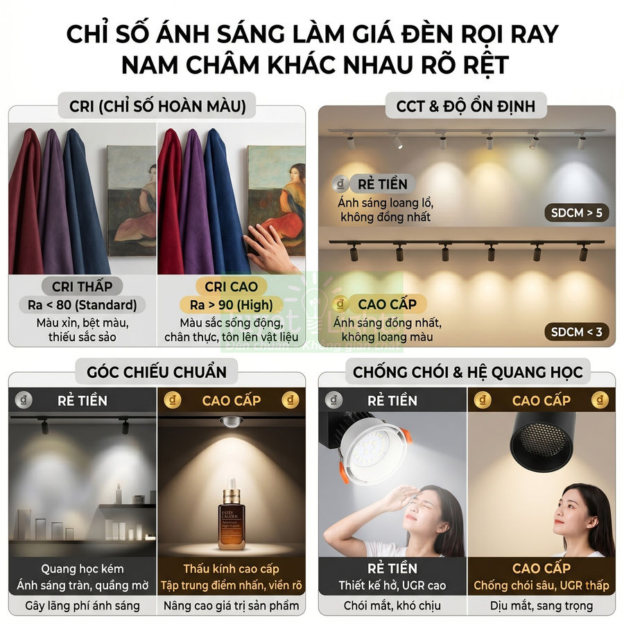 So sánh chất lượng đèn rọi ray nam châm giá rẻ và cao cấp về CRI, độ ổn định, góc chiếu và chống chói