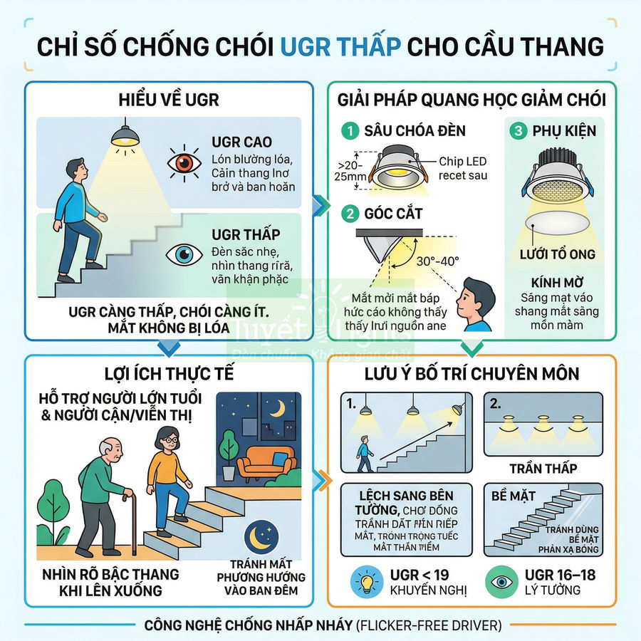 Infographic hướng dẫn chọn đèn LED UGR thấp chống chói cho cầu thang, lợi ích cho người lớn tuổi và cách bố trí chiếu sáng