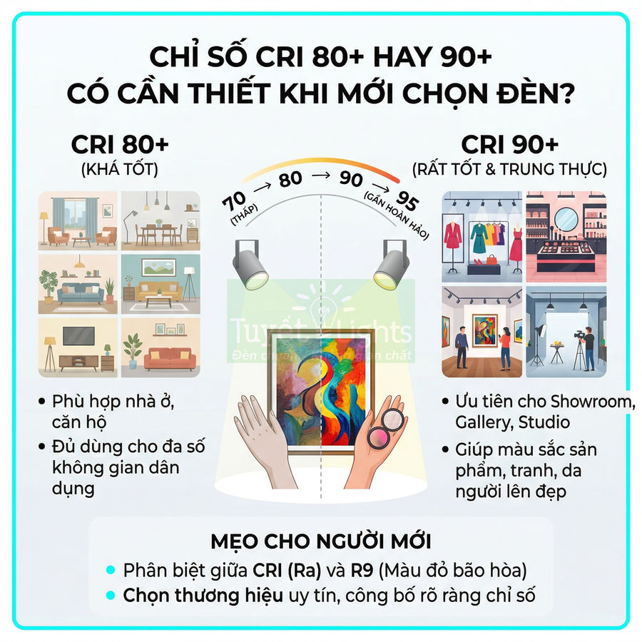 Infographic so sánh chỉ số CRI 80+ và CRI 90+ khi chọn đèn chiếu sáng cho nhà ở và showroom, gallery, studio
