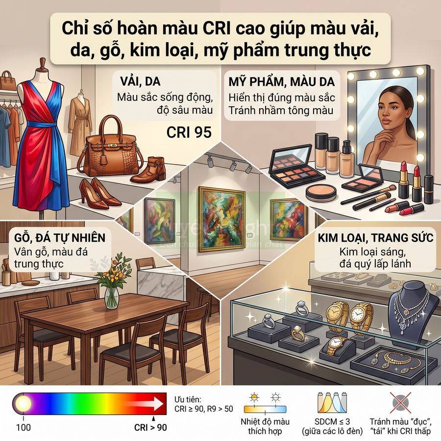 Minh họa ứng dụng đèn CRI cao giúp tái hiện trung thực màu vải, da, gỗ, tranh, mỹ phẩm và trang sức trong trưng bày