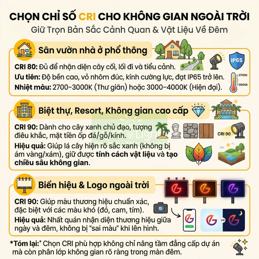 Infographic hướng dẫn chọn chỉ số CRI cho sân vườn, biệt thự, biển hiệu và logo ngoài trời