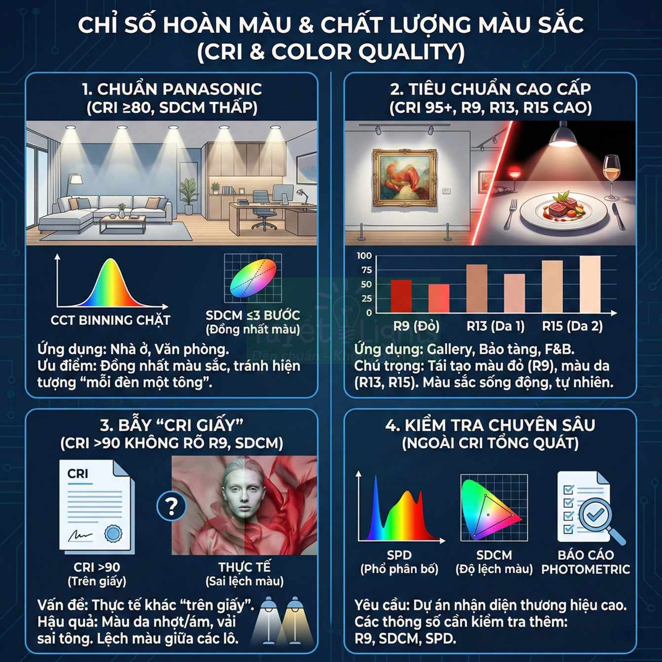 Infographic chỉ số hoàn màu CRI và chất lượng màu sắc cho đèn LED Panasonic và tiêu chuẩn chiếu sáng cao cấp