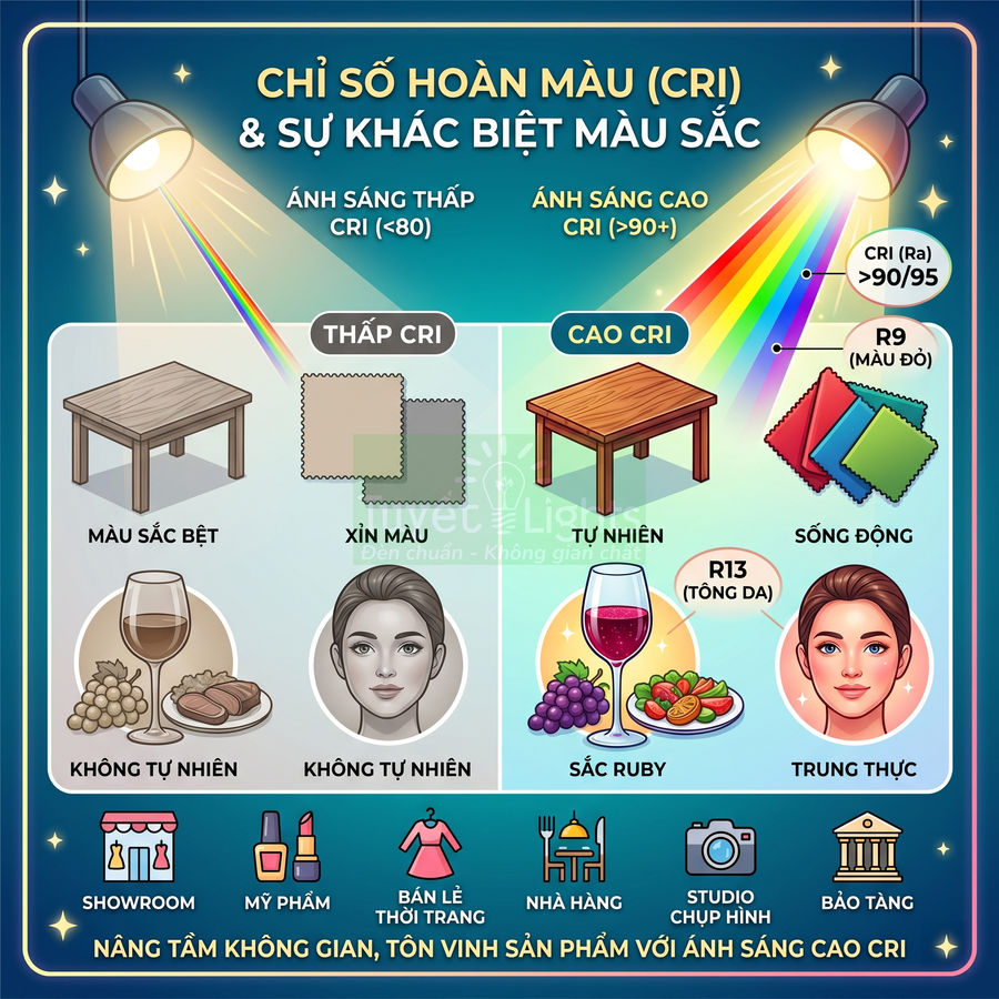 Infographic so sánh chỉ số hoàn màu CRI thấp và cao, minh họa ánh sáng làm nổi bật màu sắc sản phẩm