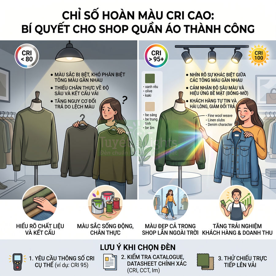 So sánh quần áo trong shop thời trang dưới ánh sáng CRI thấp và đèn CRI cao giúp hiển thị màu vải chân thực